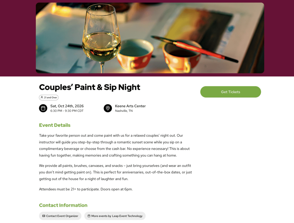 event ticketing page for a paint and sip party